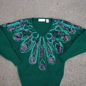 Vintage Priscilla Angora Lambswool Hand Beaded Sequin Oversized V-Neck Sweater